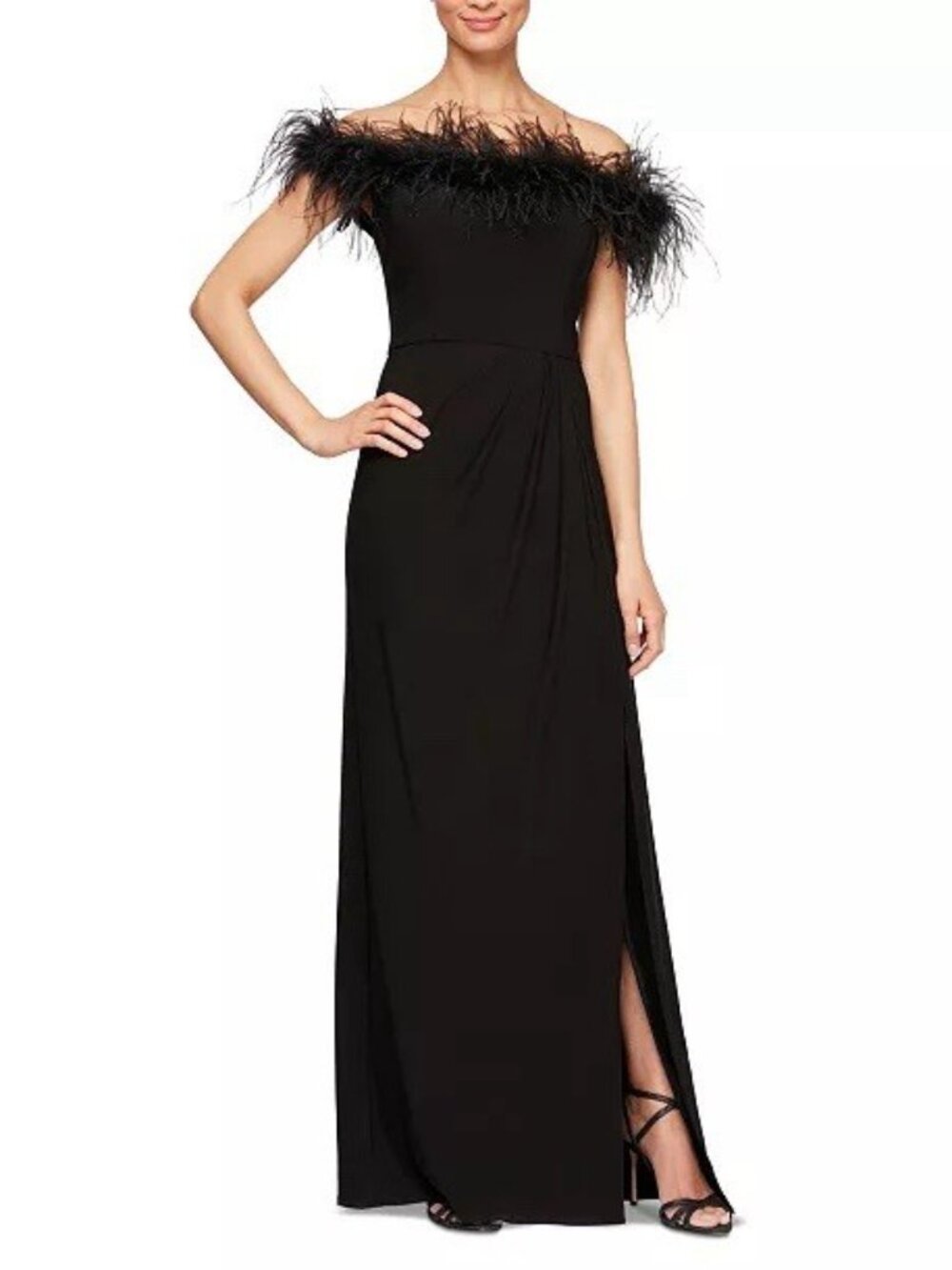 Alex Evenings Size 16 Black Faux-Feather Off-The-Shoulder Gown Dress Formal Maxi